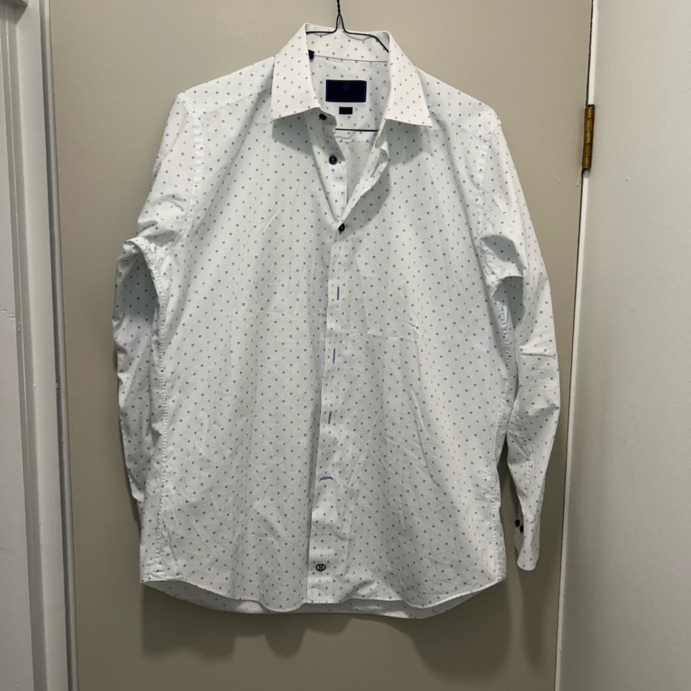 David Donahue Dress Shirt White with Blue Print 17x34/35